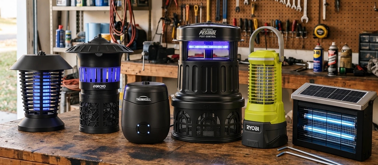 The six finalists on a garage workbench after eight weeks of testing: Stinger solar lantern, Gecko Triple Lure, Thermacell E55, Pestrol Outdoor Dominator, RYOBI ONE+ zapper and the GroundGuard Sentinel.