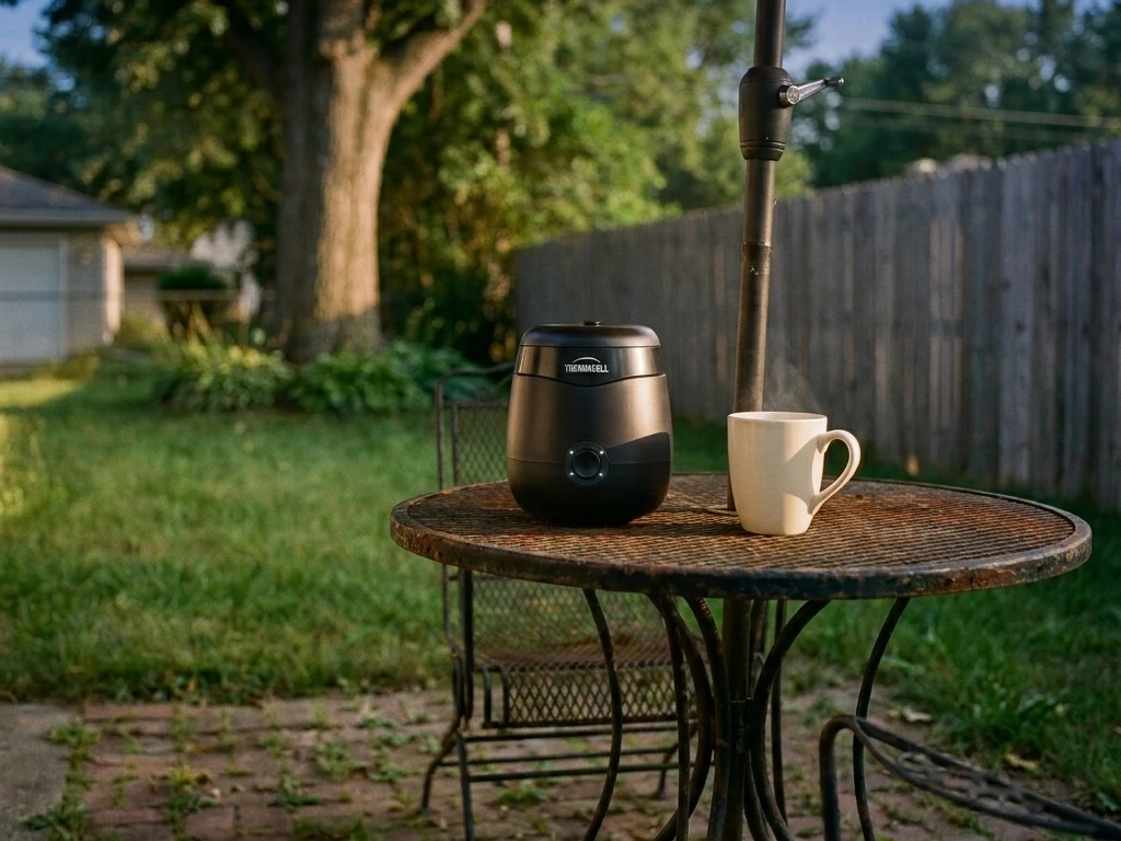 A Thermacell E55 and a white coffee mug on an iron bistro table beside the umbrella pole at dusk, backyard behind.