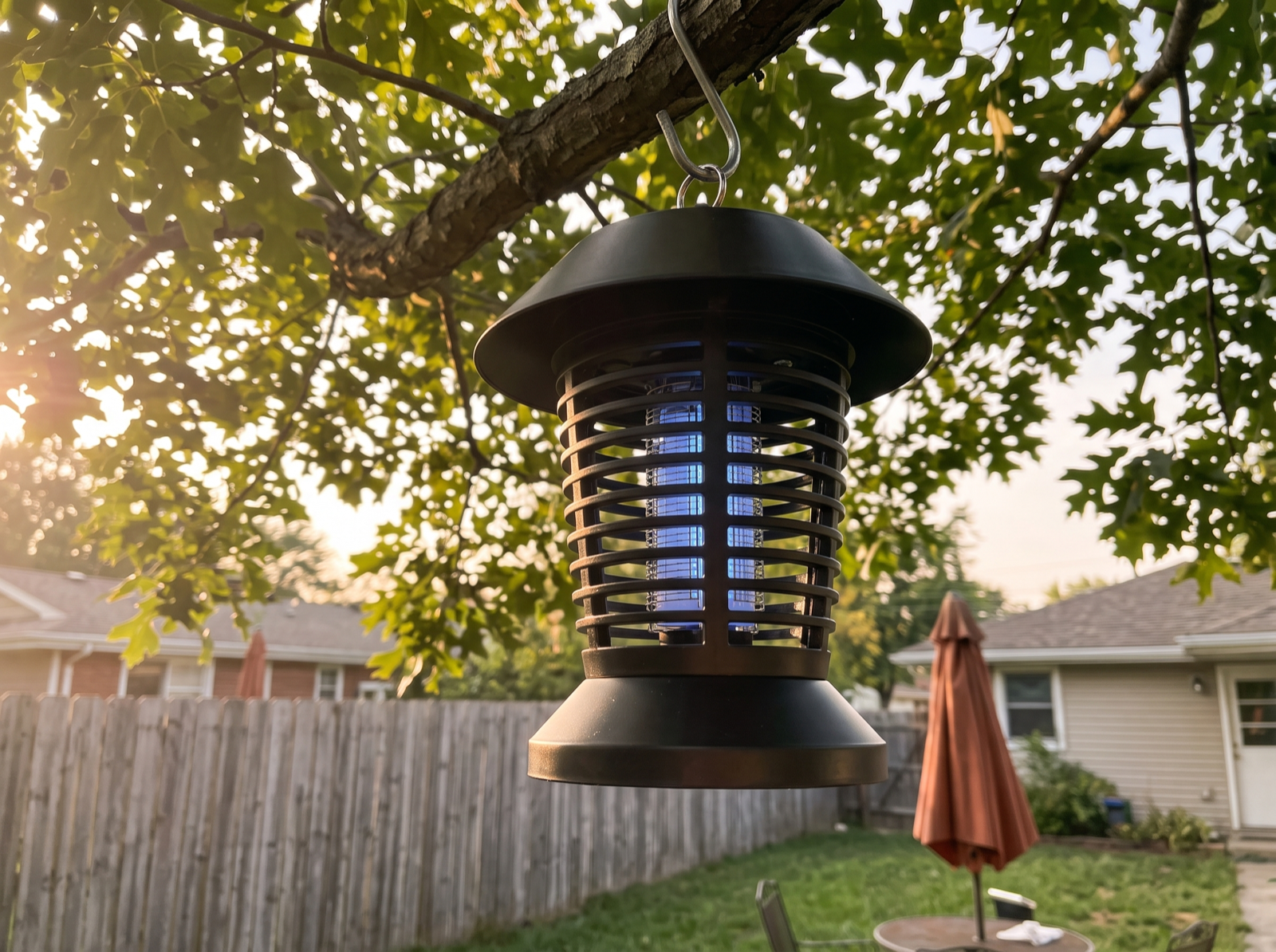 A Stinger solar bug zapper lantern hanging from an oak branch on an S-hook at golden hour.